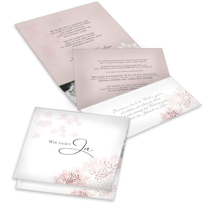 Romantische Pocket Fold Hochzeitseinladung mit rosa Blüten