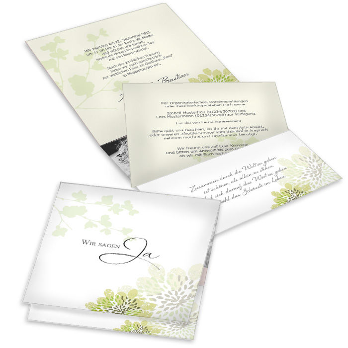 Romantische Pocket Fold Hochzeitseinladung mit grünen Blüten