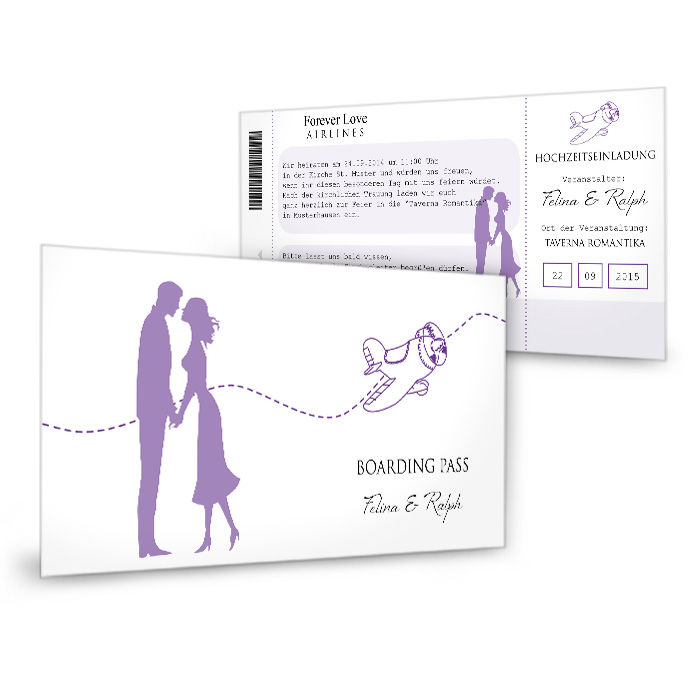 Einladungskarte zur Hochzeit als Flugticket in Lila und Weiß