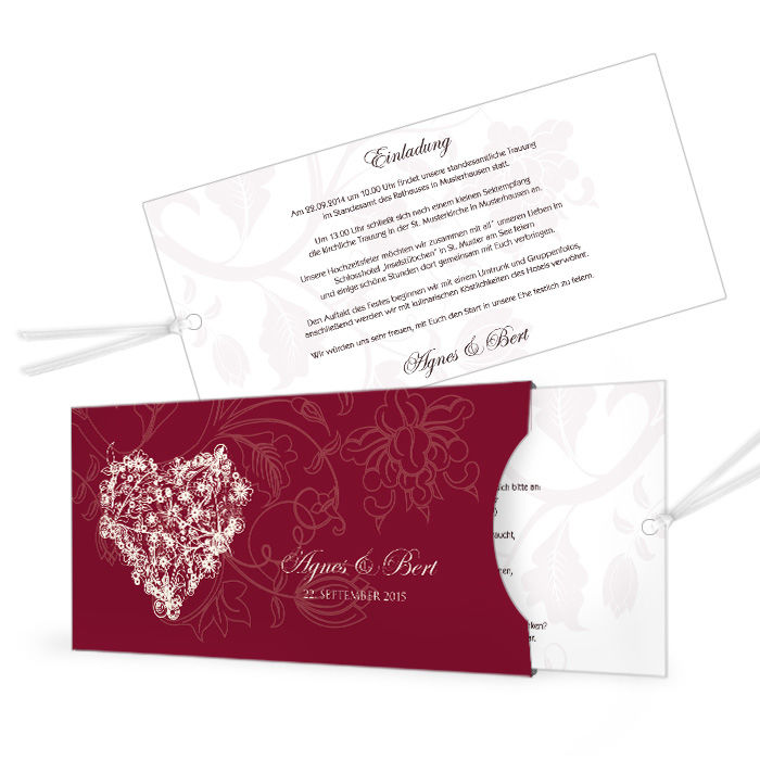 Einladung zur Hochzeit als Einsteckkarte mit Herz in Bordeaux