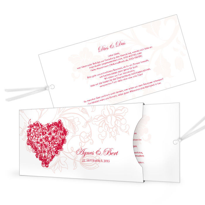 Einladung zur Hochzeit als Einsteckkarte mit Herz in Rot