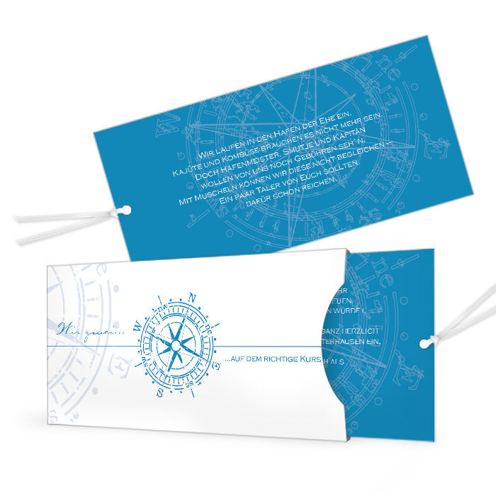 Einladung zur maritimen Hochzeit mit Kompassdesign in Blau