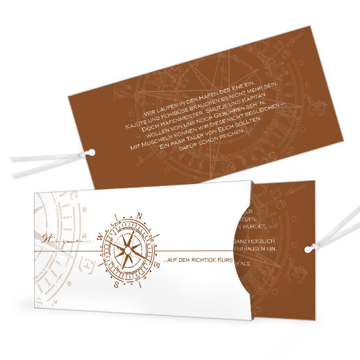 Einladung zur maritimen Hochzeit mit Kompassdesign in Braun