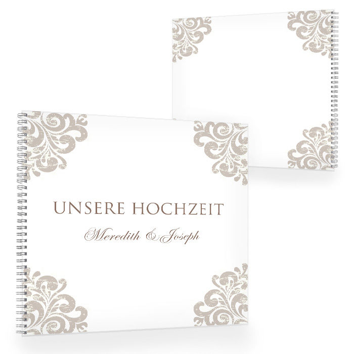 Edles Gästebuch zur Hochzeit mit barockem Design in Taupe