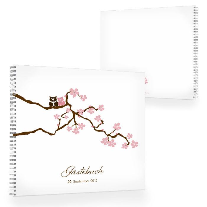 Gästebuch zur Hochzeit mit Kirschblütenzweig und Eulen