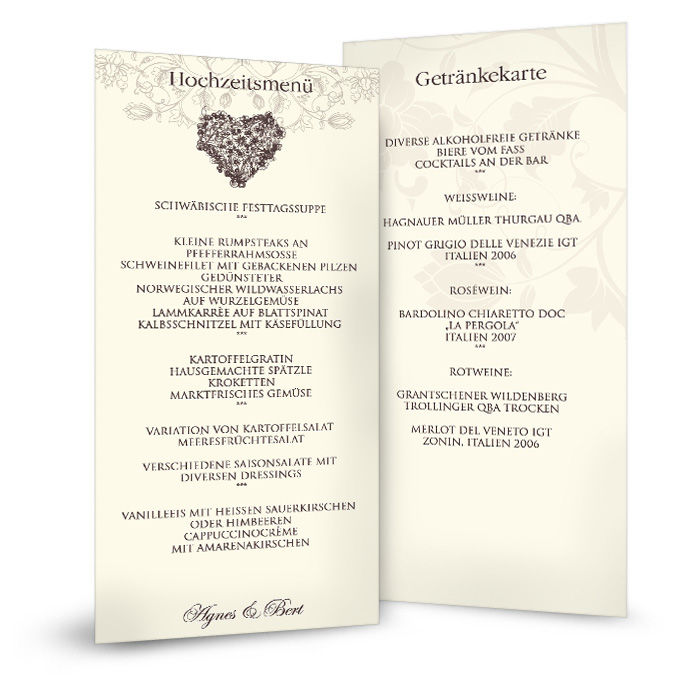 Romantische Menükarte zur Hochzeit mit floralem Herz in Creme