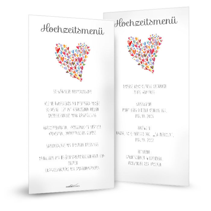 Menükarte zur Hochzeit in Weiß mit bunten Herzen als Postkarte