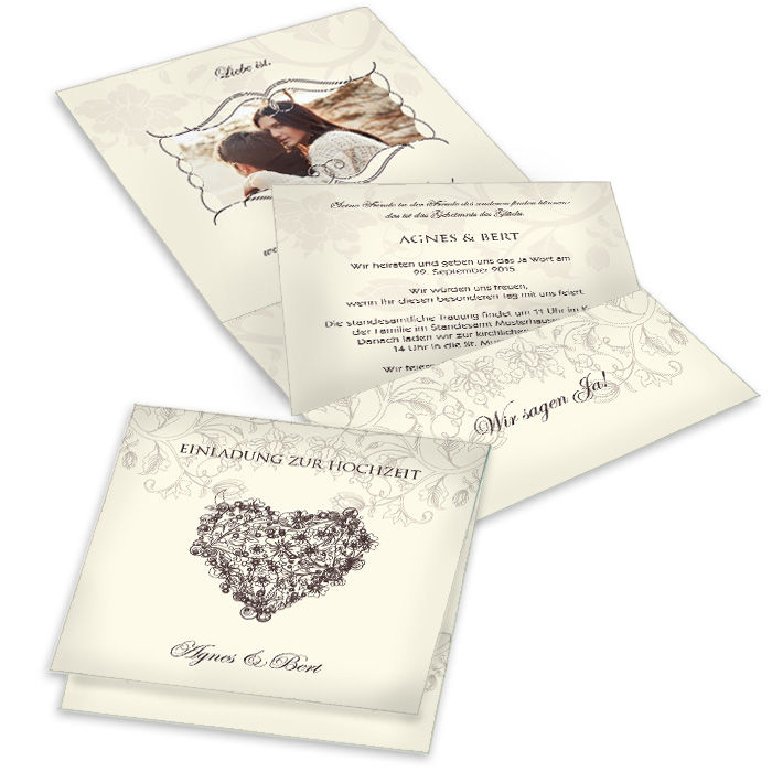 Romantische Einladung zur Hochzeit als Pocket Fold in Creme