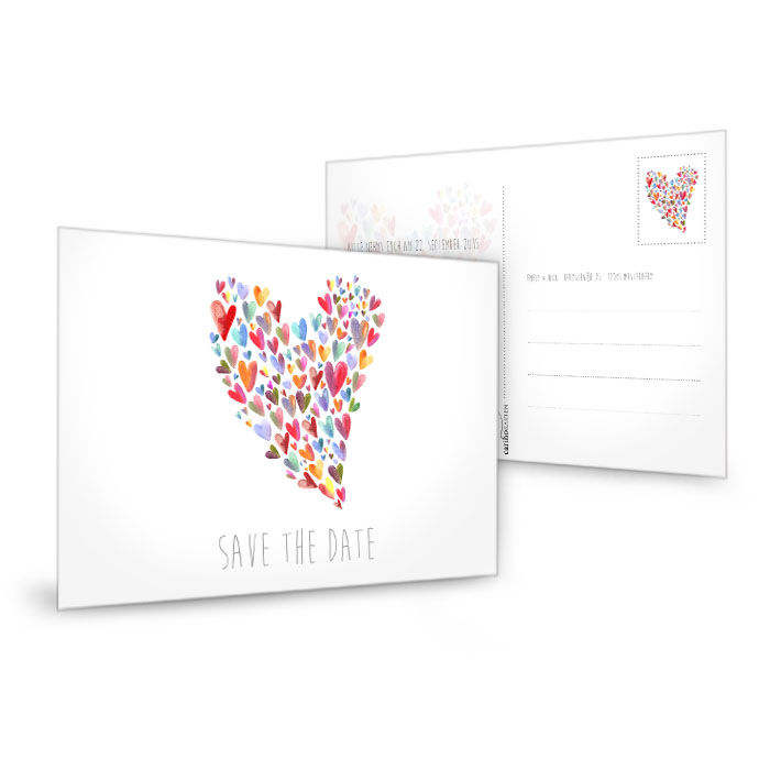 Save the Date Karte in Weiß mit bunten Herzen als Postkarte