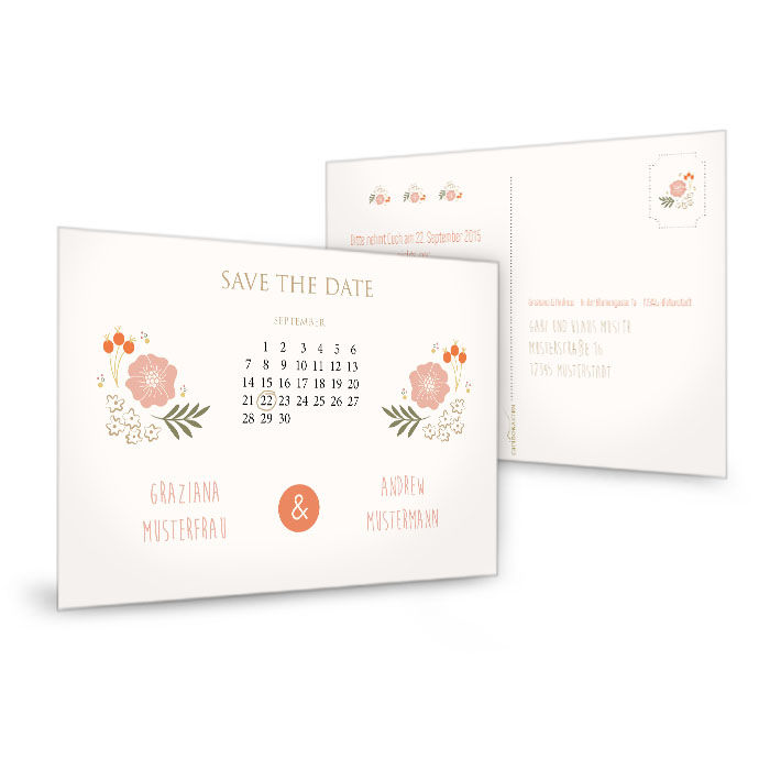 Save the Date Karte in Creme mit Kalenderblatt und Blüten