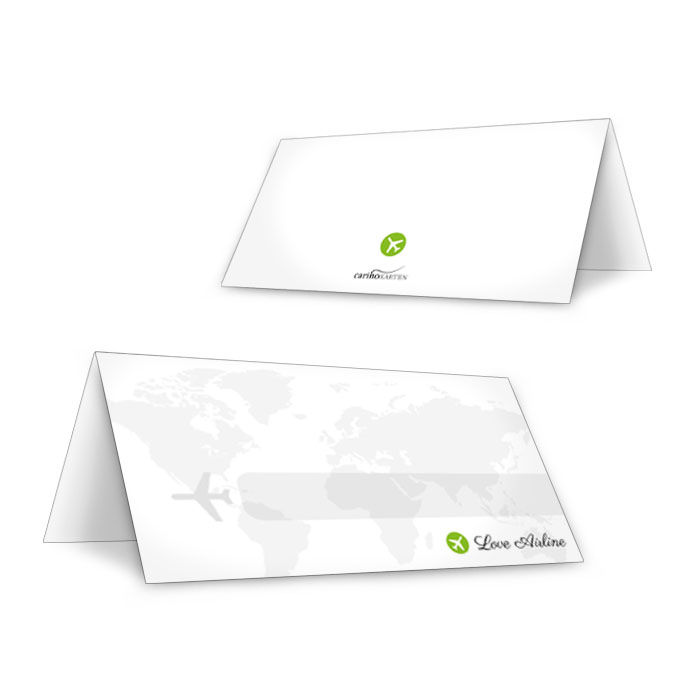 Tischkarten mit Flugzeug Design und Weltkarte in Grün