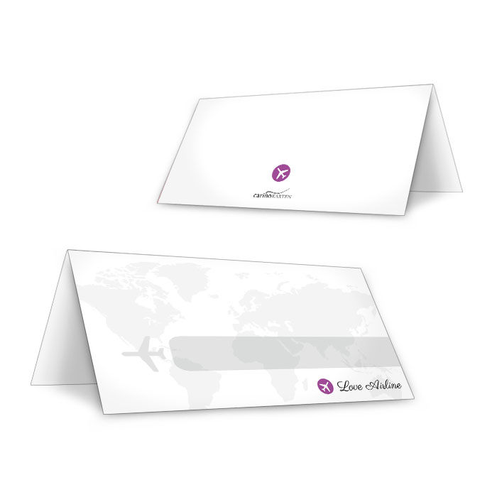 Tischkarten mit Flugzeug Design und Weltkarte in Lila