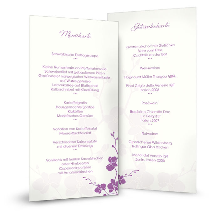 Menükarte zur Hochzeit mit floralem Design in Flieder