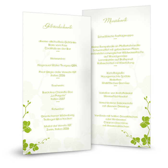 Menükarte zur Hochzeit in floralem Design in frischem Grün
