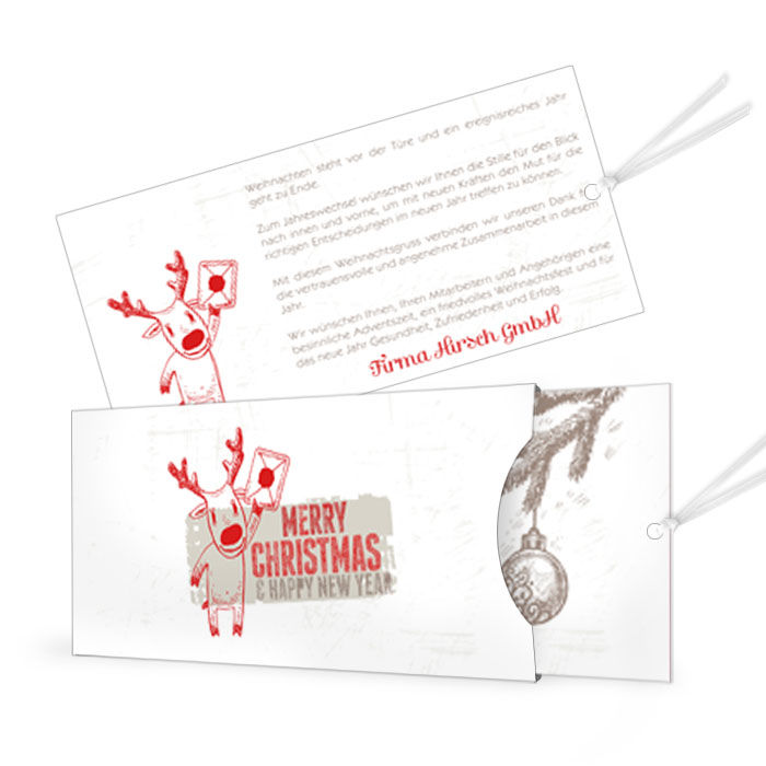 Weihnachtliche Einsteckkartemit süßem Hirsch in Rot und Grau