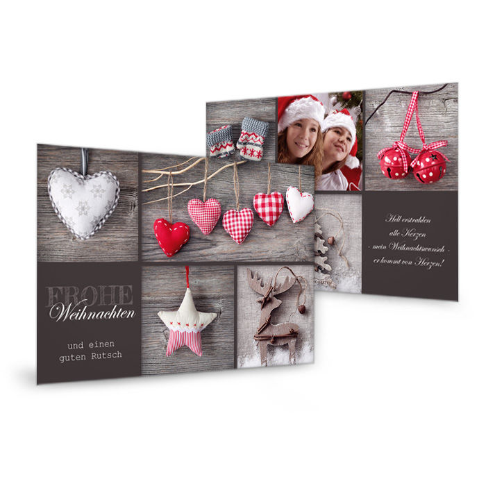 Weihnachts-Grußkarte mit genähten Herzen in Rot und Braun