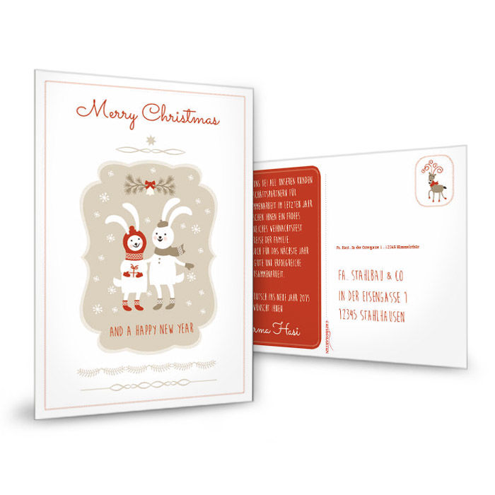 Süße Weihnachtskarte mit Weihnachtshasi Motiv in Rot Weiß