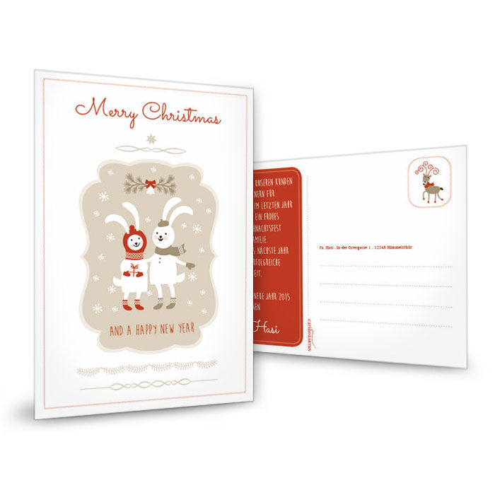  Weihnachtskarte mit Schneehasen in Rot und Weiß