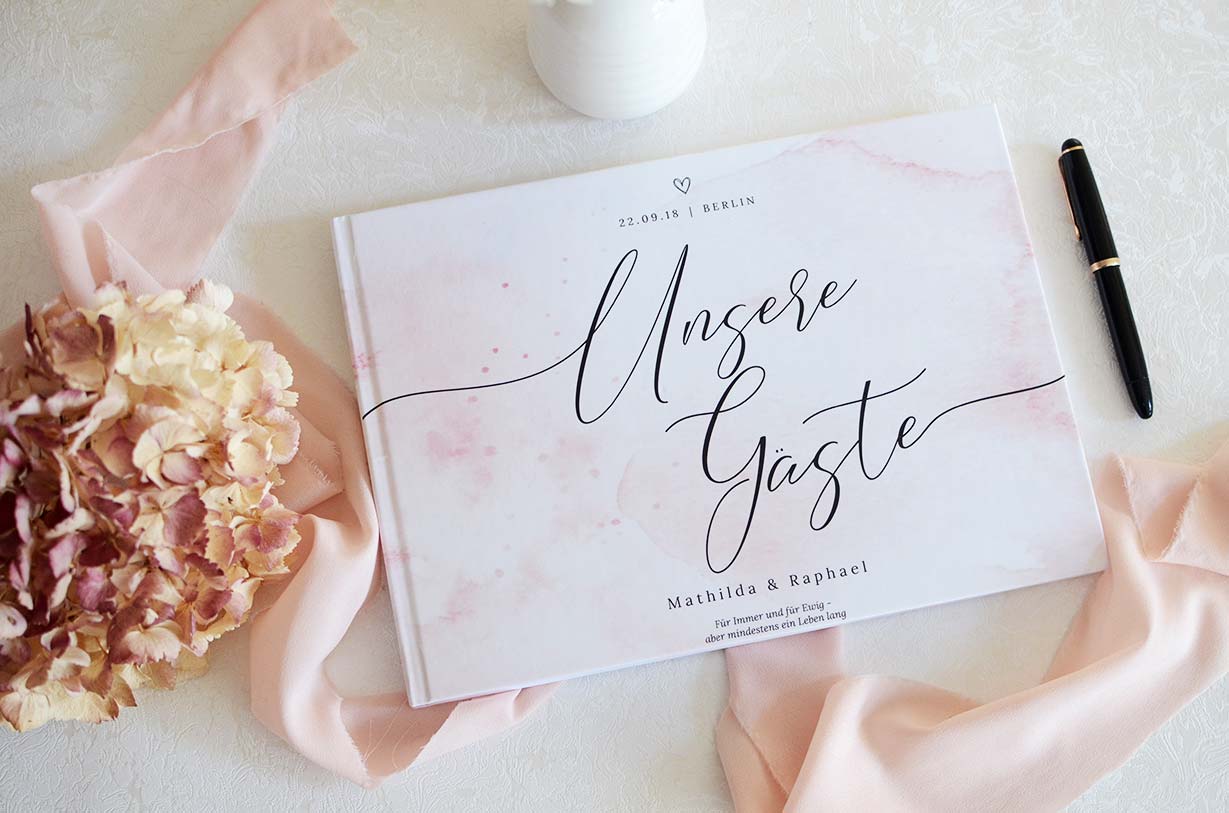 Gästebuch Hochzeit pink/creme mit Foto und Namen Deko Hochzeitsgästebuch 