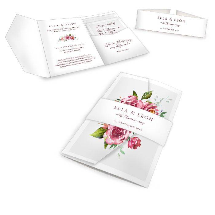 Florale Pocketfold Hochzeitseinladung mit dunklen Aquarell Rosen - carinokarten