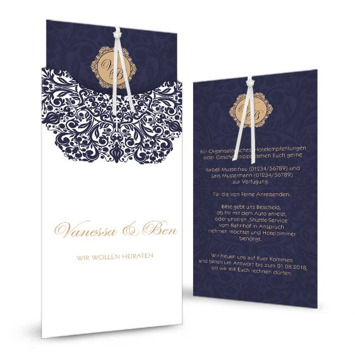 Elegante Hochzeitseinladung mit barocken Ornamenten in Blau und Gold - carinokarten