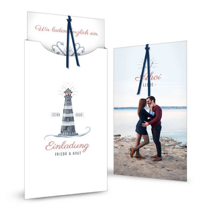 Maritime Hochzeitseinladung mit Leuchtturm und Anker im Aquarell Stil - carinokarten