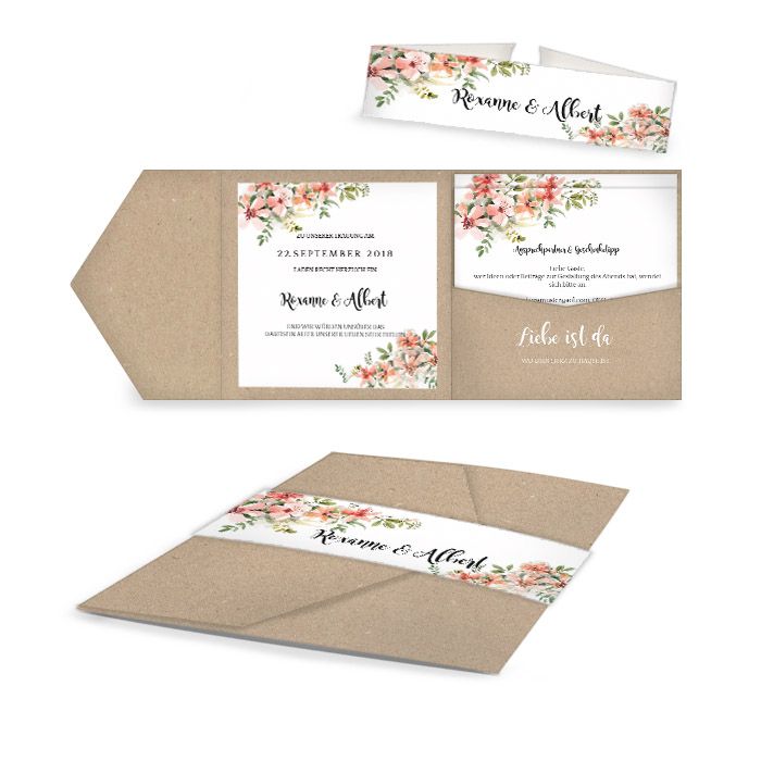 Florale Hochzeitseinladung als Pocketfold in Kraftpapieroptik und mit Blumen im Aquarellstil - carinokarten