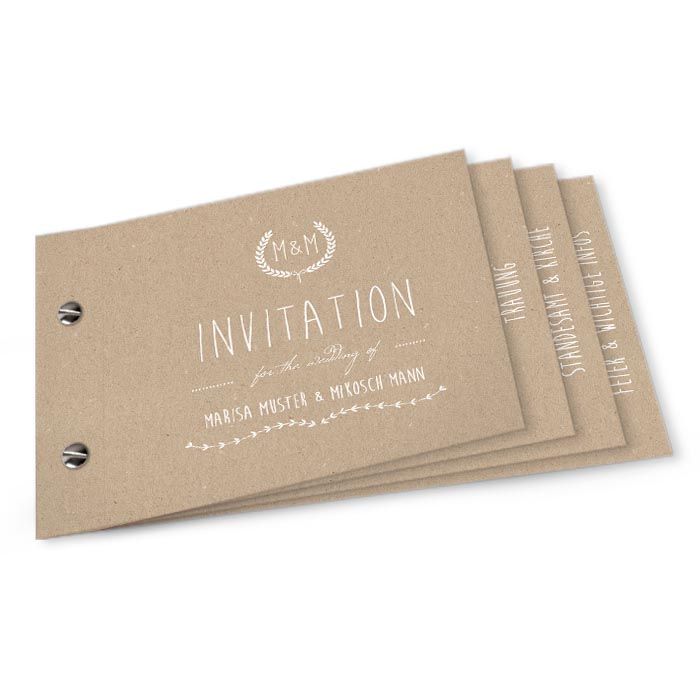 Rustikale Hochzeitseinladung in Kraftpapieroptik als Booklet - carinokarten
