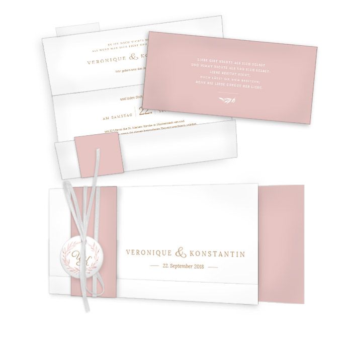 Elegante Hochzeitseinladung mit rosa Blätterkranz im Aquarell Stil online selbst gestalten - carinokarten