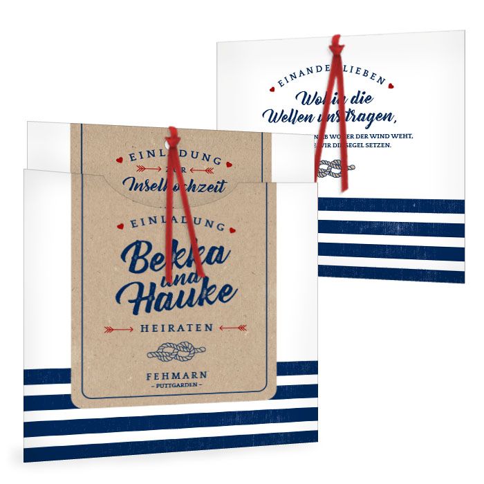 Maritime Hochzeitseinladung mit Streifen in Blau und Weiß sowie Details in Kraftpapieroptik - carinokarten