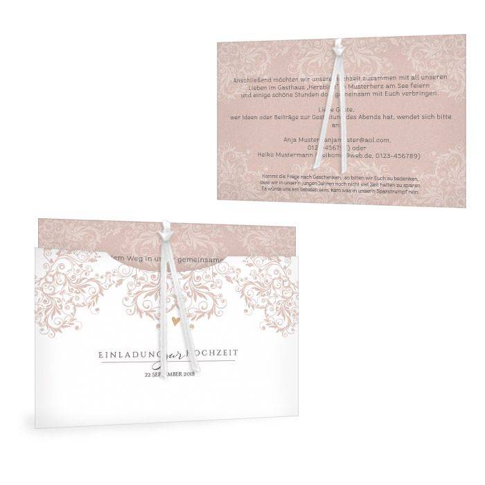 Elegante Hochzeitseinladung mit rosa Ornamenten und goldenem Herz - carinokarten