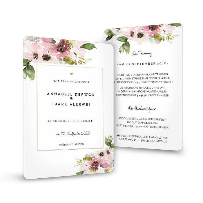 Florale Hochzeitseinladung mit Aquarell Blumen in Rosa- carinokarten