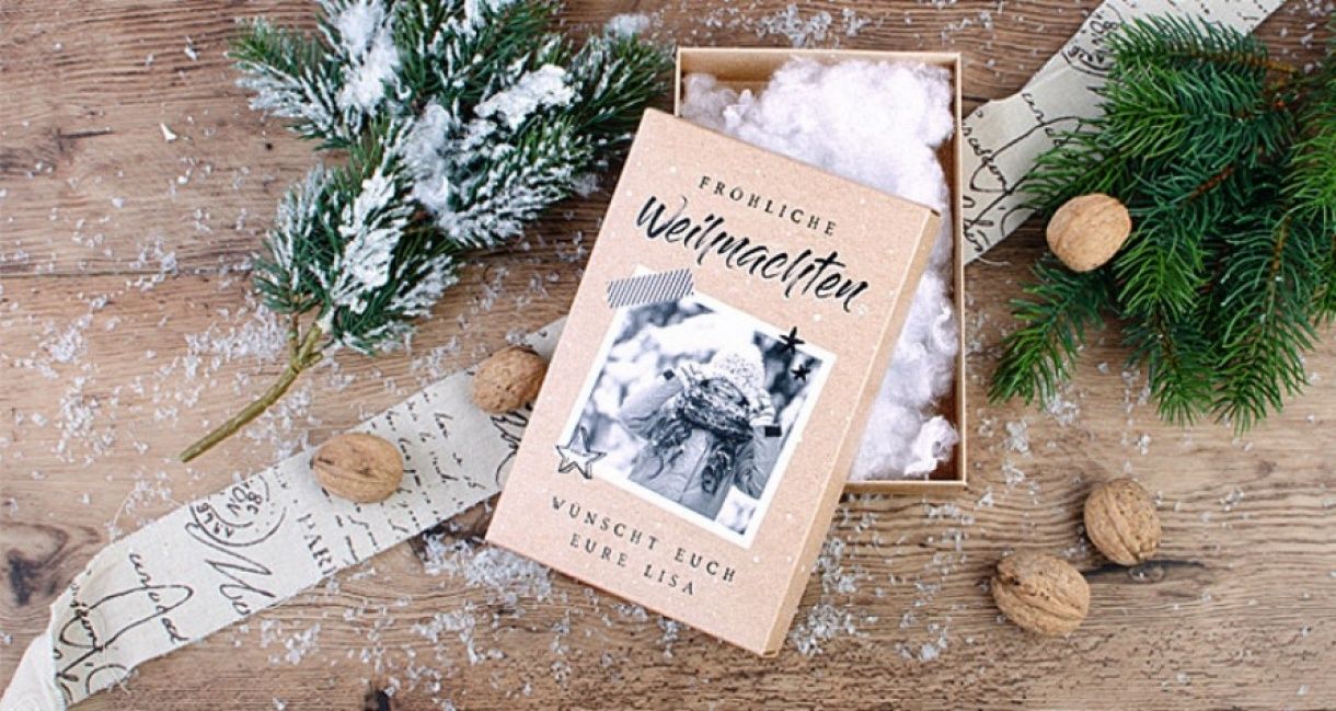 Geschenkbox zu Weihnachten mit Kraftpapieroptik und Foto
