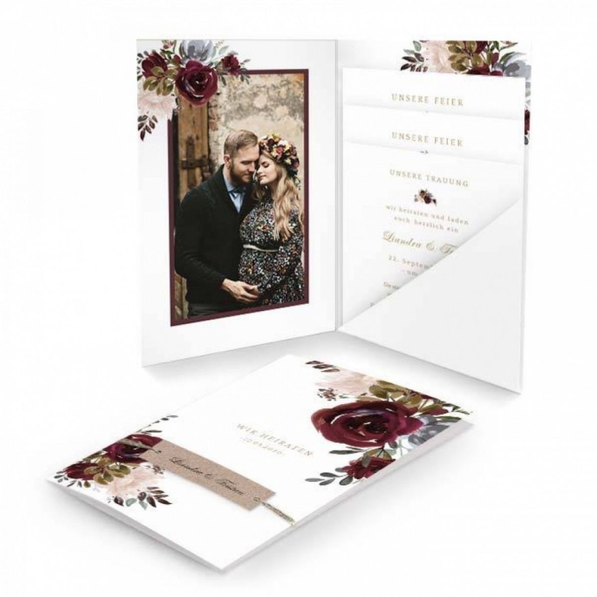 Hochzeitseinladung als Pocketfold mit Rosen in Burgunder - carinokarten