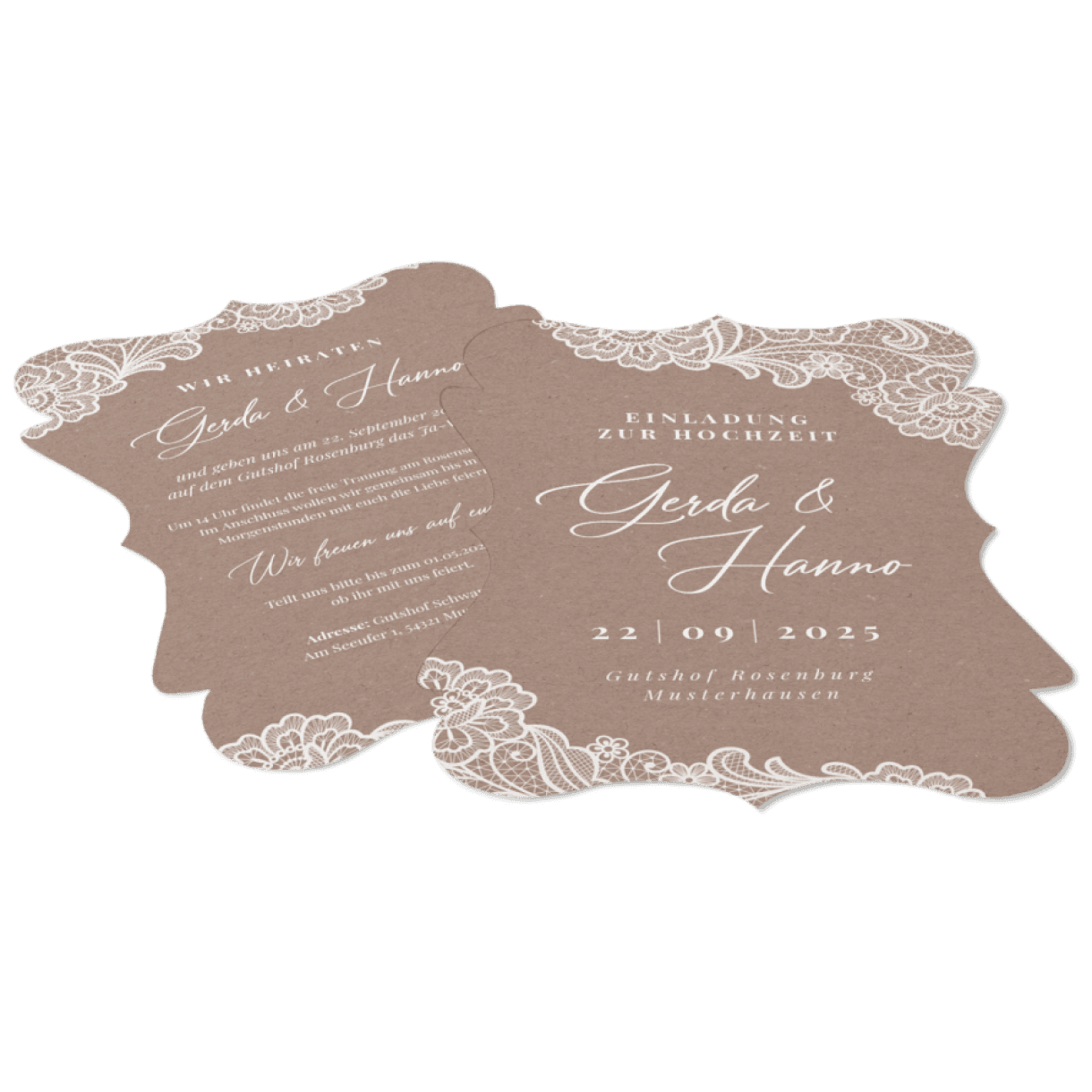 Hochzeitseinladung in Kraftpapieroptik mit aufgedruckter Spitze - carinokarten