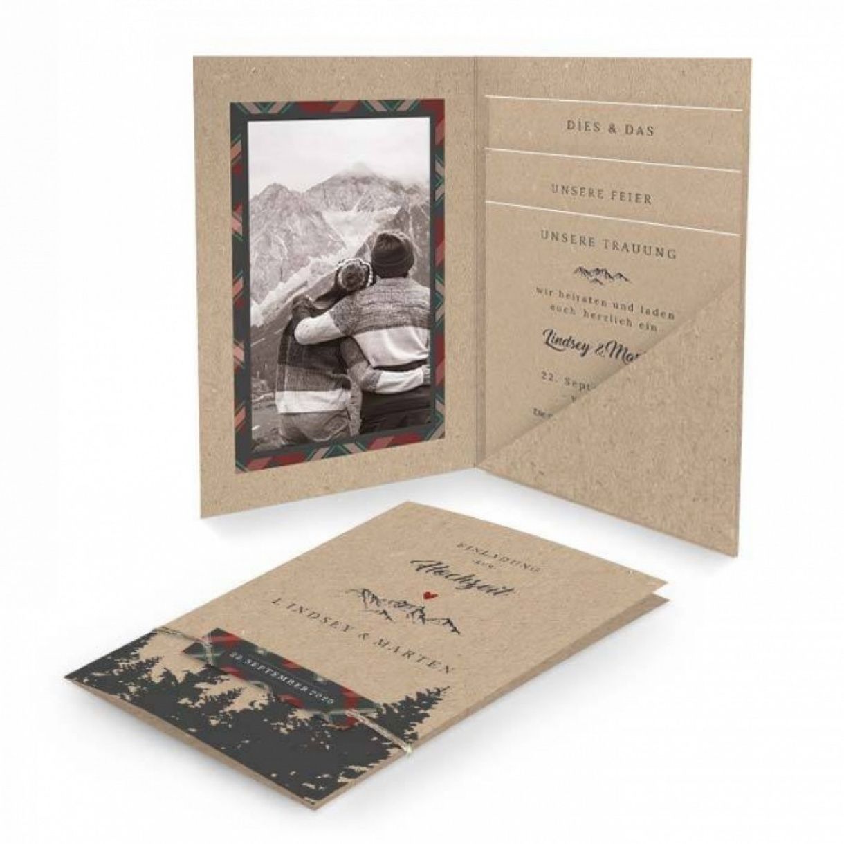 Hochzeitseinladung mit Berg Panorama und Kraftpapieroptik - carinokarten